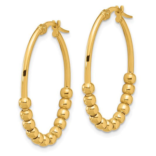 14K Yellow Gold Polished Beaded Oval Hoop Earrings