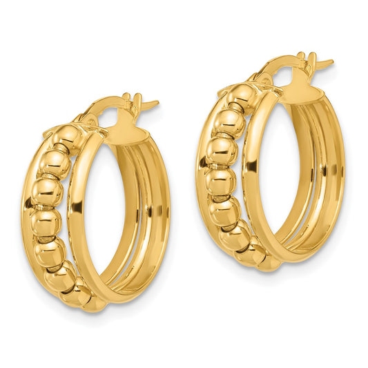 14K Yellow Gold Polished and Beaded Hoop Earrings