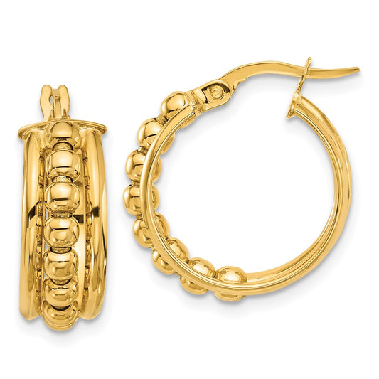 14K Yellow Gold Polished and Beaded Hoop Earrings