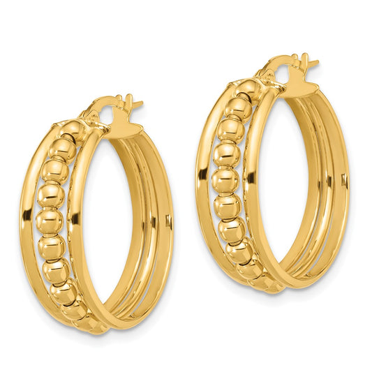 14K Yellow Gold Polished and Beaded Hoop Earrings