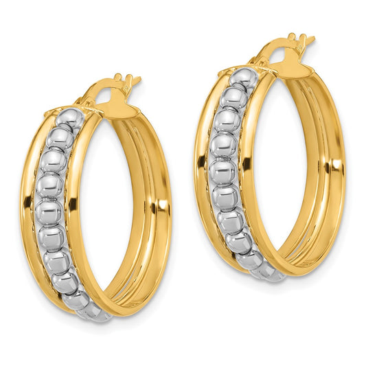 14K Two-Tone Gold Polished and Beaded Hoop Earrings