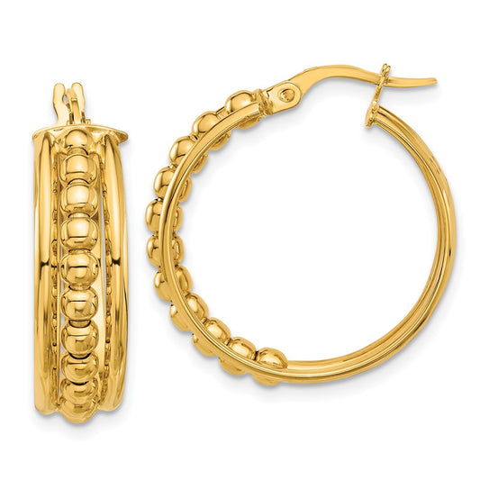 14K Yellow Gold Polished and Beaded Hoop Earrings