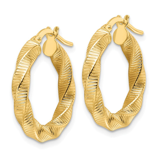 14K Yellow Gold Polished 3.5mm Twisted & Textured Round Hoop Earrings