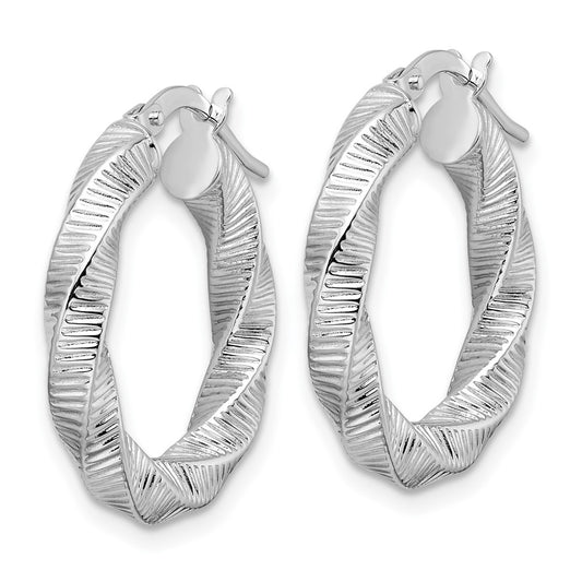14K White Gold 3.5mm Twisted & Textured Round Hoop Earrings