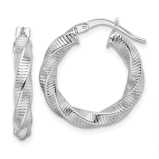 14K White Gold 3.5mm Twisted & Textured Round Hoop Earrings
