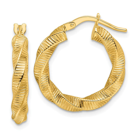 14K Yellow Gold Polished 3.5mm Twisted & Textured Round Hoop Earrings