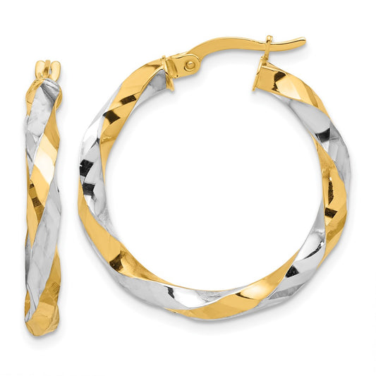 14K Two-Tone Gold Polished and Diamond-cut Twisted Hoop Earrings