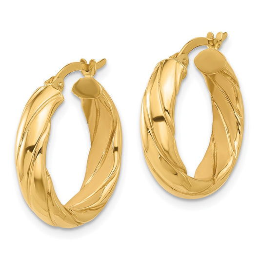 14K Yellow Gold Polished and Textured Hoop Earrings