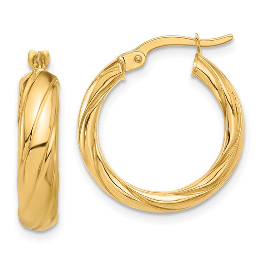 14K Yellow Gold Polished and Textured Hoop Earrings