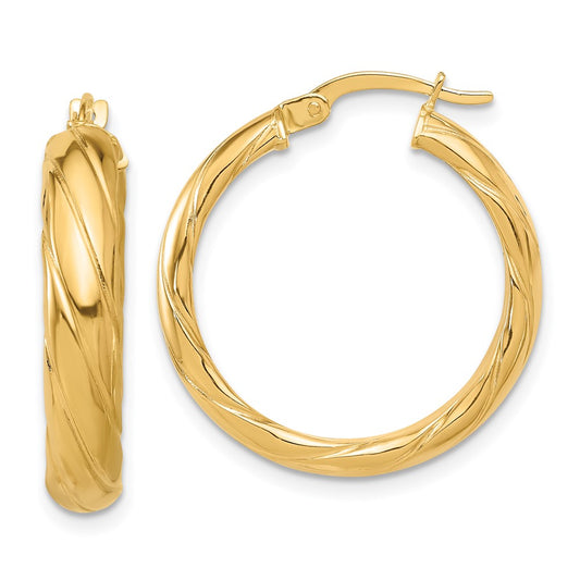 14K Yellow Gold Polished and Textured Hoop Earrings