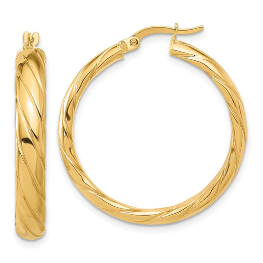 14K Yellow Gold Polished and Textured Hoop Earrings