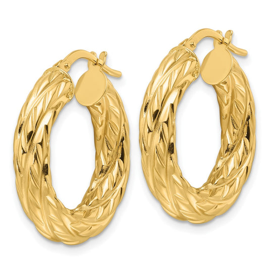 14K Yellow Gold Polished Woven Texture 4.75mm Round Hoop Earrings