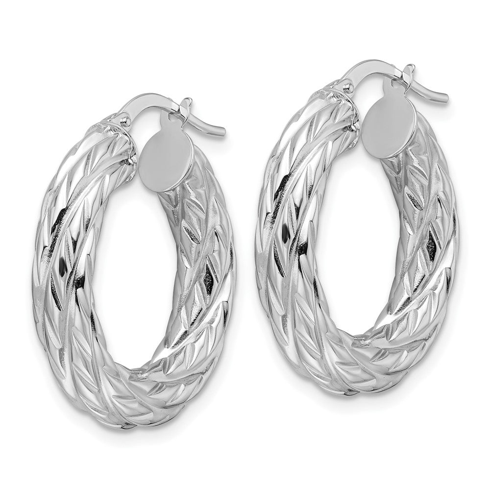 14K White Gold Polished 4.75mm Woven Texture Round Hoop Earrings