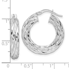 14K White Gold Polished 4.75mm Woven Texture Round Hoop Earrings