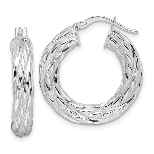 14K White Gold Polished 4.75mm Woven Texture Round Hoop Earrings