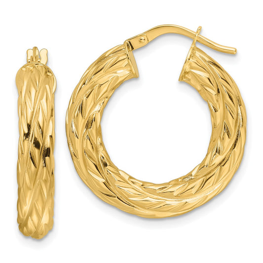 14K Yellow Gold Polished Woven Texture 4.75mm Round Hoop Earrings