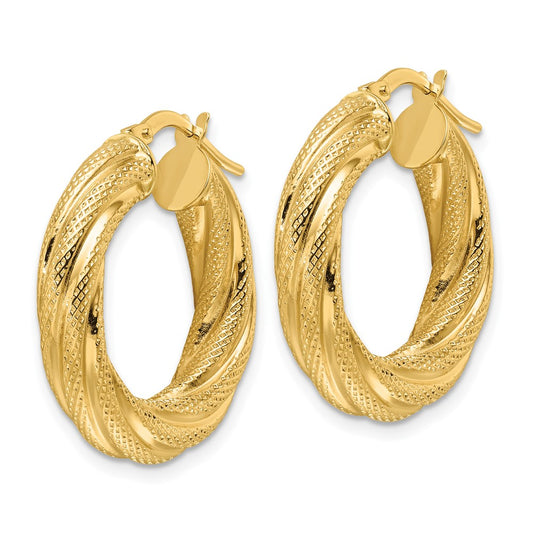 14K Yellow Gold Polished 4.7mm Textured Twist Round Hoop Earrings