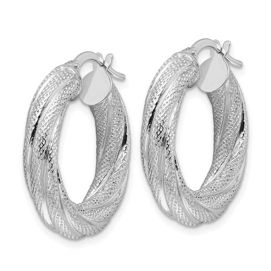 14K White Gold 4.7mm Textured Twisted Round Hoop Earrings