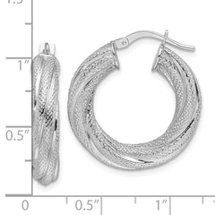 14K White Gold 4.7mm Textured Twisted Round Hoop Earrings