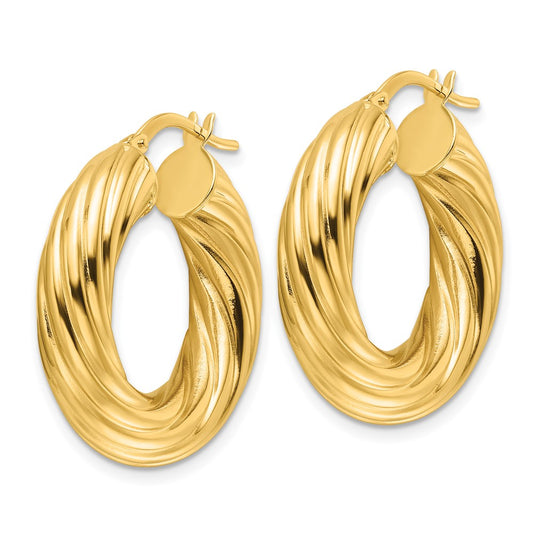 14K Yellow Gold Polished Twist 6mm Hollow Round Hoop Earrings