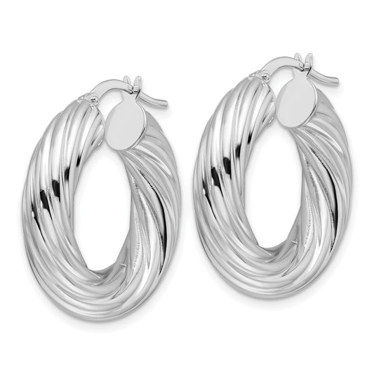 14K White Gold Polished 6mm Twisted Hollow Round Hoop Earrings