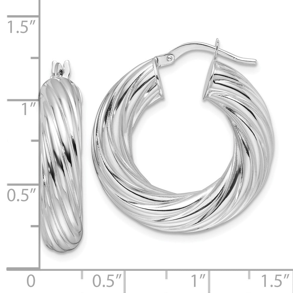 14K White Gold Polished 6mm Twisted Hollow Round Hoop Earrings