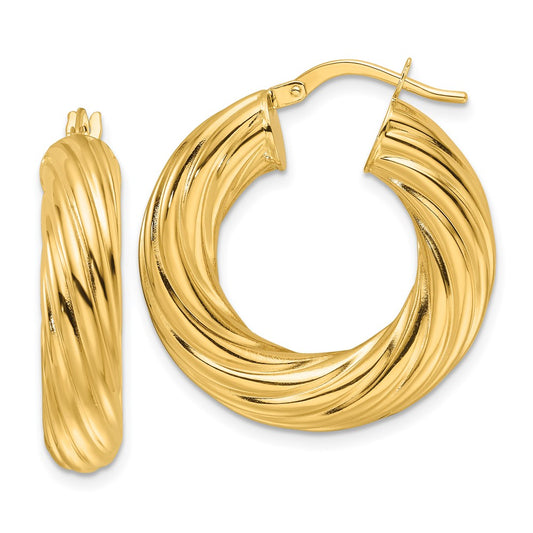 14K Yellow Gold Polished Twist 6mm Hollow Round Hoop Earrings