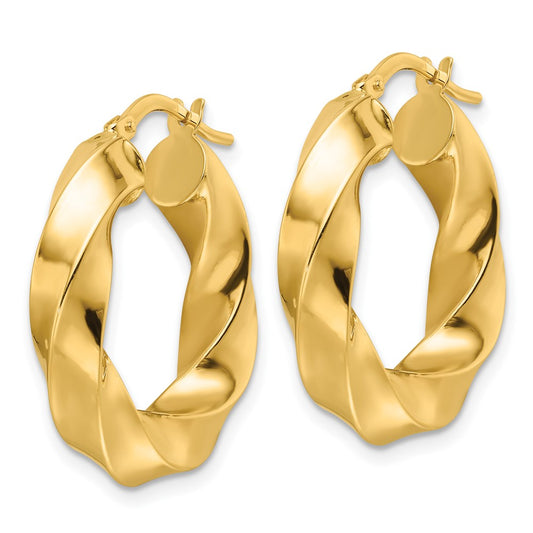 14K Yellow Gold Polished 5.25mm Hollow Twisted Round Hoop Earrings