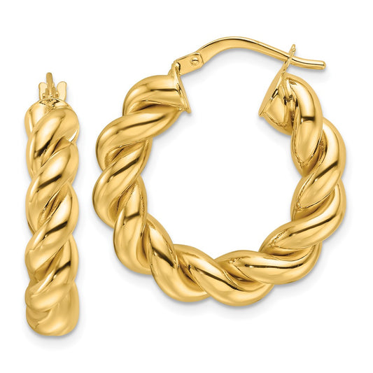 14K Yellow Gold Polished 5.3mm Hollow Twisted Round Hoop Earrings