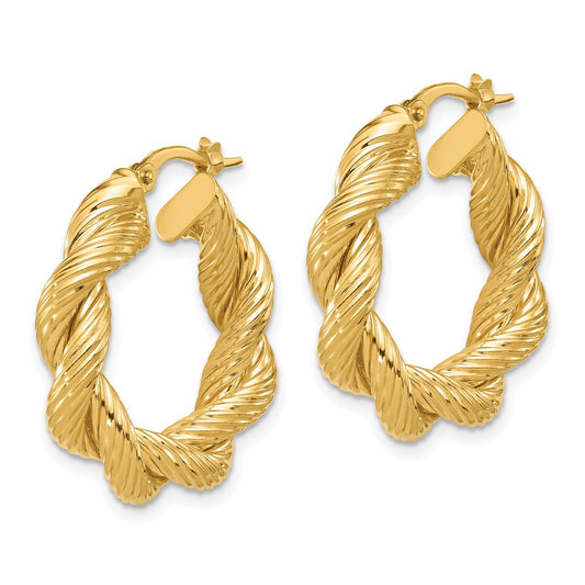 14K Yellow Gold Polished and Textured Twisted Hoop Earrings