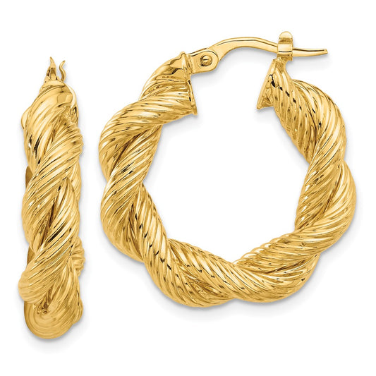 14K Yellow Gold Polished and Textured Twisted Hoop Earrings