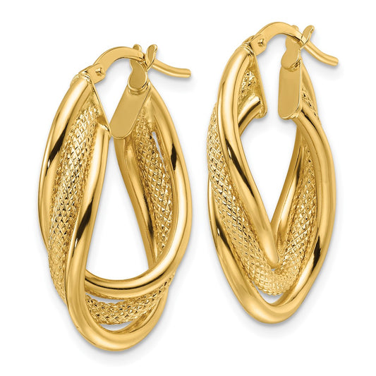 14K Yellow Gold Polished Textured & Intertwined Oval Hoop Earrings