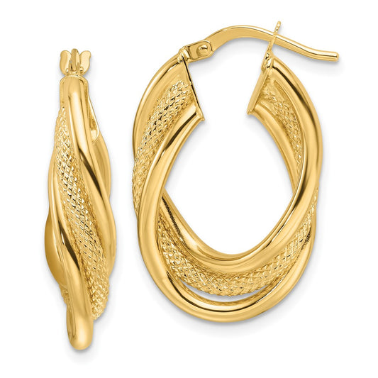 14K Yellow Gold Polished Textured & Intertwined Oval Hoop Earrings