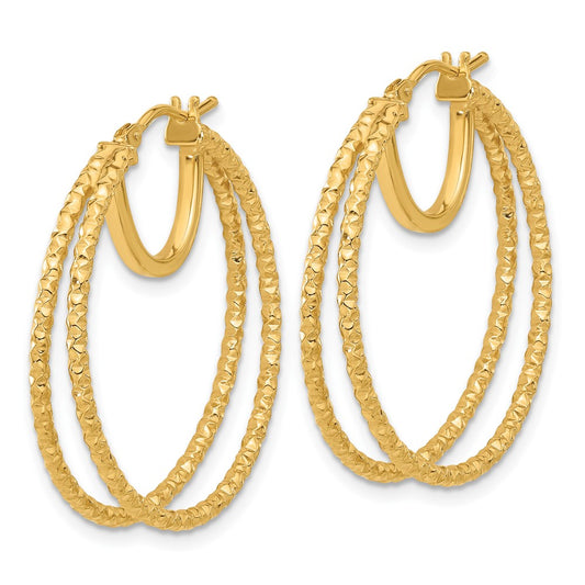 14K Yellow Gold Polished and Textured Double Circle Hoop Earrings