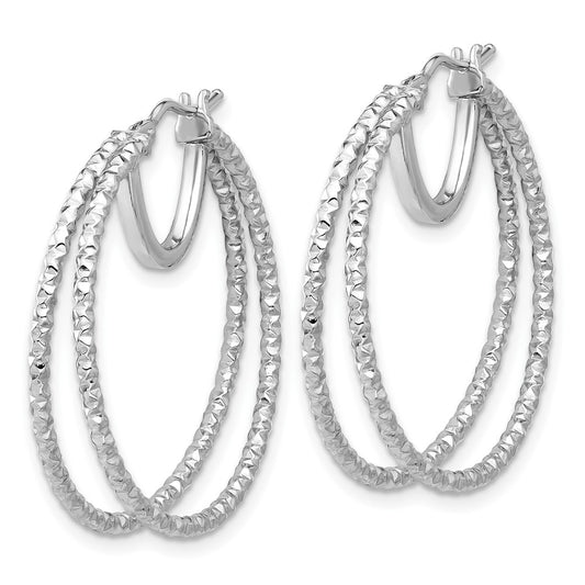 14K White Gold Polish and Textured Double Circle Hoop Earrings