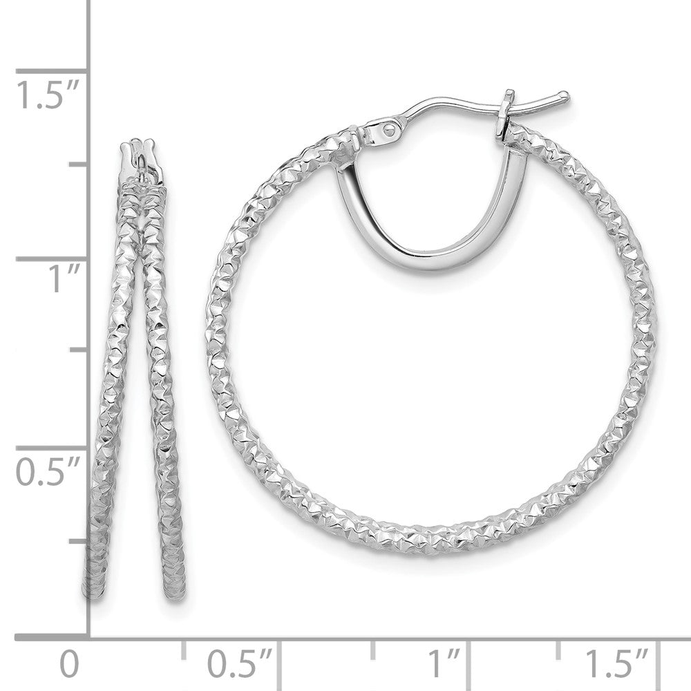 14K White Gold Polish and Textured Double Circle Hoop Earrings