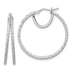 14K White Gold Polish and Textured Double Circle Hoop Earrings