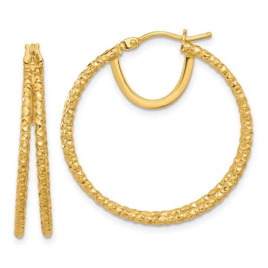 14K Yellow Gold Polished and Textured Double Circle Hoop Earrings