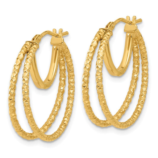 14K Yellow Gold Polished and Textured Double Circle Hoop Earrings