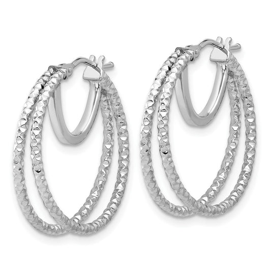 14K White Gold Polish and Textured Double Circle Hoop Earrings