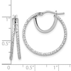 14K White Gold Polish and Textured Double Circle Hoop Earrings