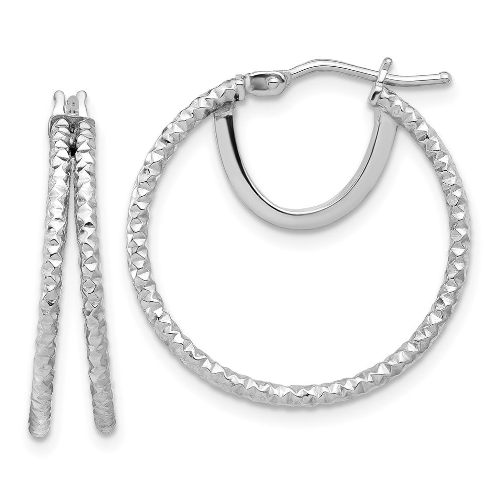 14K White Gold Polish and Textured Double Circle Hoop Earrings