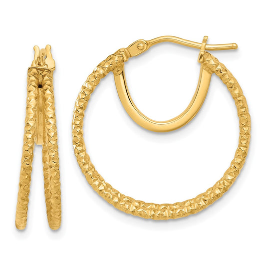 14K Yellow Gold Polished and Textured Double Circle Hoop Earrings