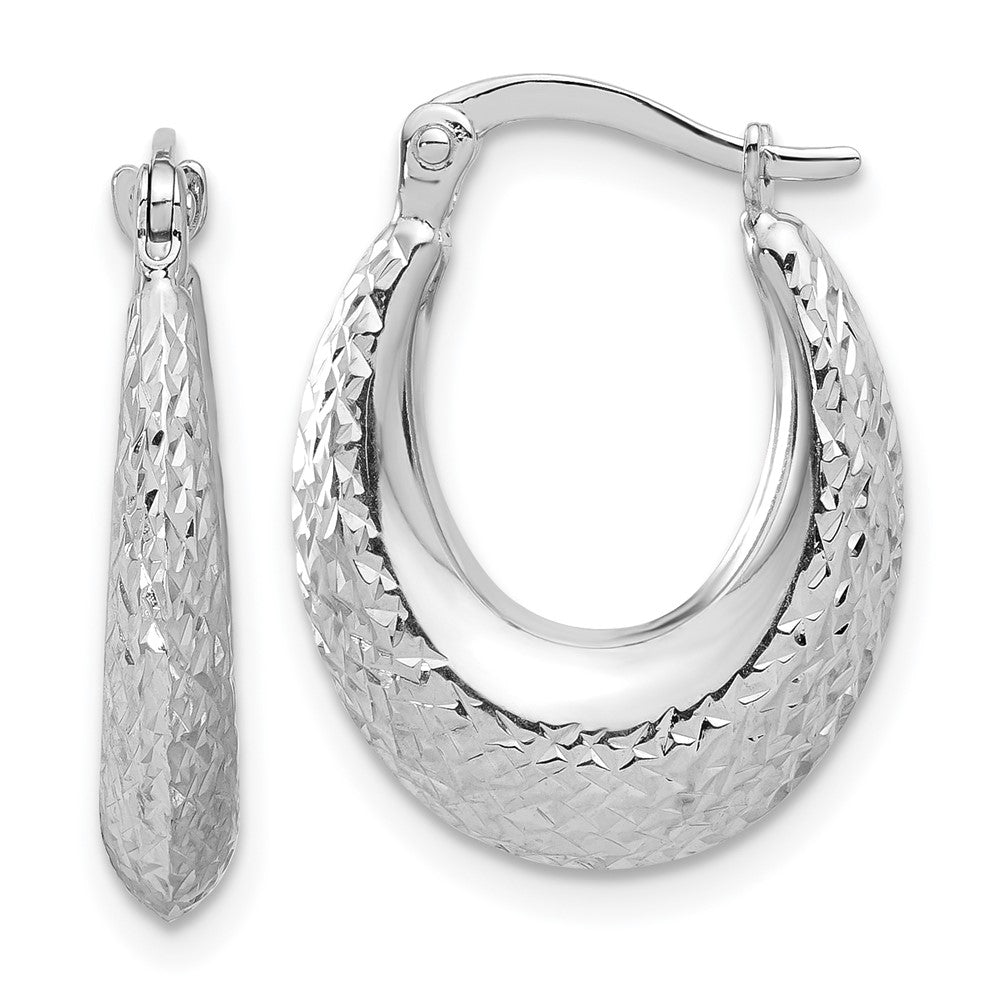 14K White Gold Polished and Diamond-cut Hoop Earrings