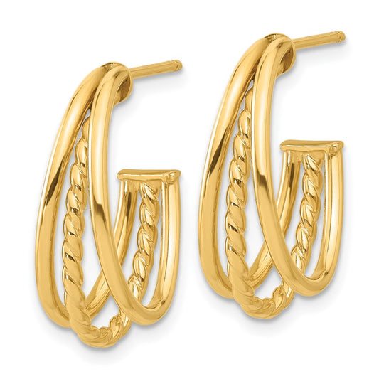 14K Yellow Gold Polished and Twist Oval Multi Row J-Hoop Post Earrings