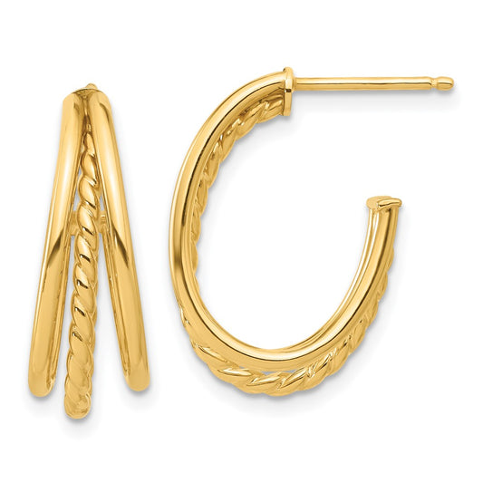 14K Yellow Gold Polished and Twist Oval Multi Row J-Hoop Post Earrings