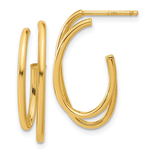 14K Yellow Gold Polished Oval Double Strand J-Hoop Post Earrings