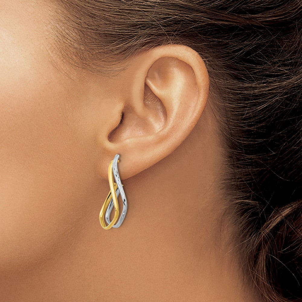 14K Two-Tone Gold Polished Diamond-cut Twisted J-Hoop Post Earrings