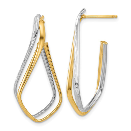 14K Two-Tone Gold Polished Diamond-cut Twisted J-Hoop Post Earrings