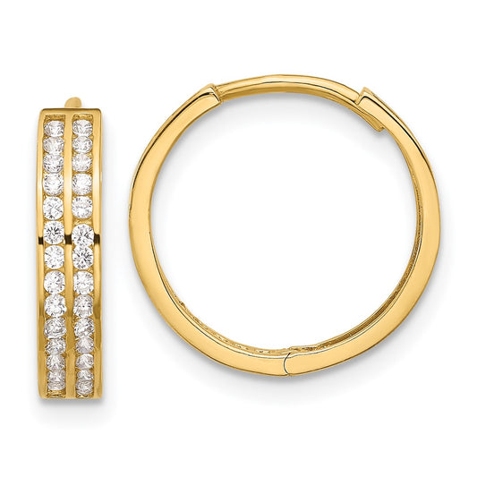 14K Yellow Gold Polished Two Row CZ 3.5mm Hinged Hoop Earrings